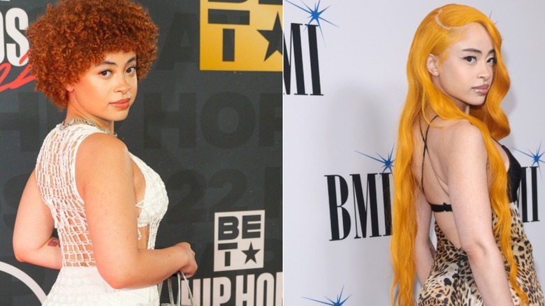 Ice spice in white at BET Hip Hop Awards and in leopard print gown at BMI Hip Hop Awards
