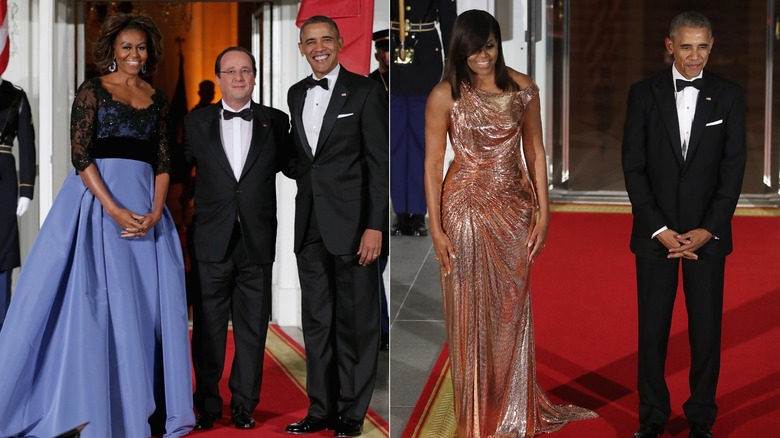 President Barack Obama and first lady Michelle Obama welcomes French President Francois Hollande (C) during an official State Visit on the North Portico of the White House February 11, 2014 in Washington, DC (2014); President Barack Obama and first lady Michelle Obama wait for the arrival of Italian Prime Minister Matteo Renzi and his wife Mrs. Agnese Landini, for a state dinner at the White House in Washington, DC (2016)