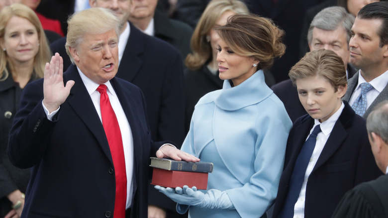 Melania Trump and Barron Trump as Donald Trump swears the Oath of Office