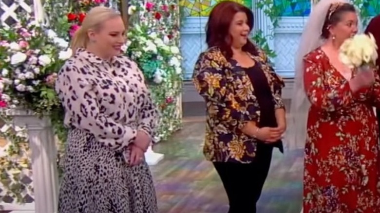 Meghan McCain in print silk shirt