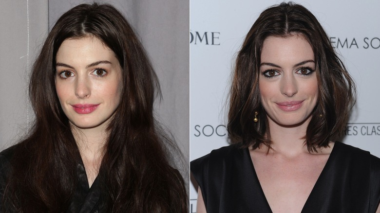 Split image of Anne Hathaway with different haircuts