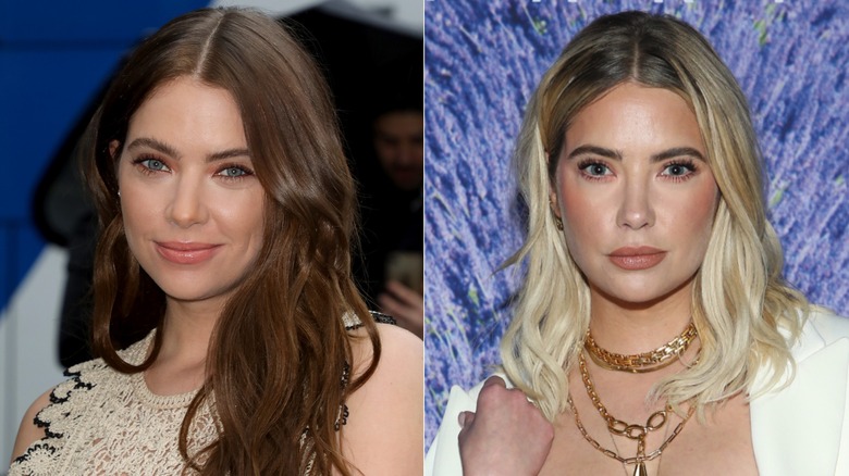 Split image of Ashley Benson as a brunette and blonde