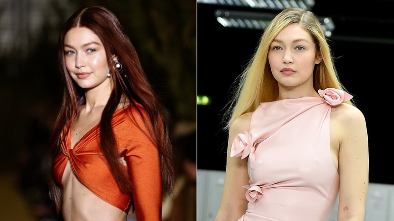 Split image of Gigi Hadid with different hair colors