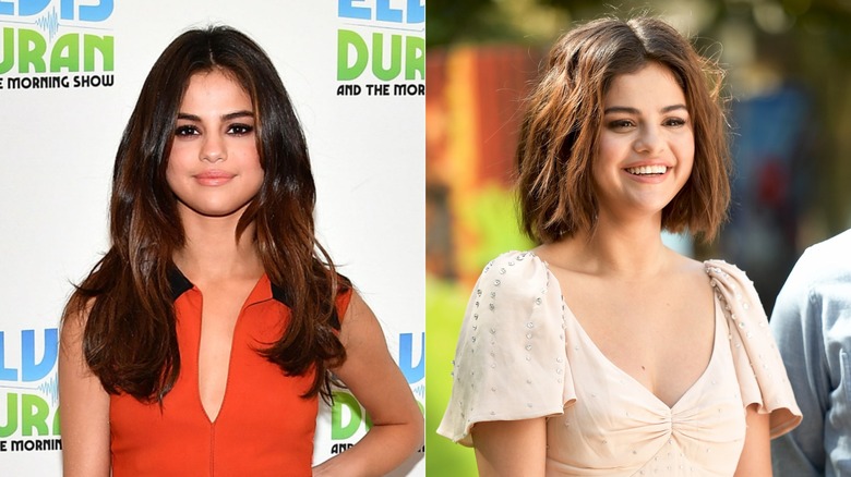 Split image of Selena Gomez with different hairstyles