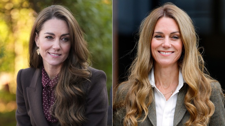 Kate Middleton with brown hair and later with blond hair