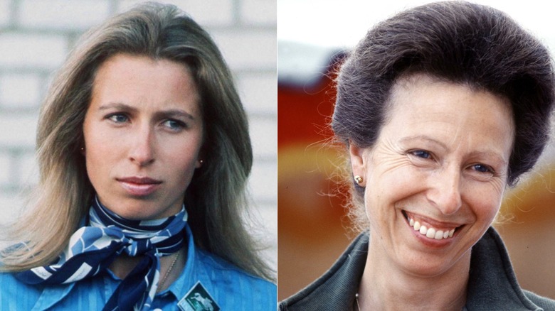Princess Anne as a young woman with her hair down and later with her hair pulled back in a bun