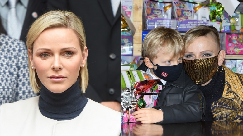 Princess Charlene with her hair shoulder length and again later with a side buzz