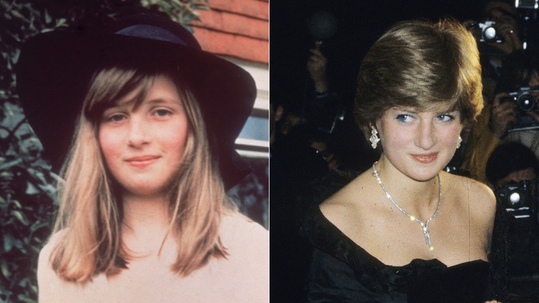 Princess Diana as a teenager wearing a hat and later as a newlywed in a black strapless dress