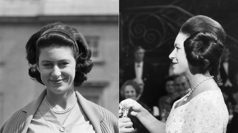 Princess Margaret as a younger woman with her hair in a headband and later with her hair in buns at the Lyceum Ball