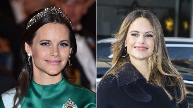 Princess Sofia of Sweden with dark hair and a tiara and later with blond highlights