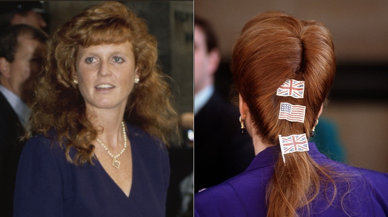 Sarah Ferguson in the 1980s with long curls and later with her hair full of flag pins