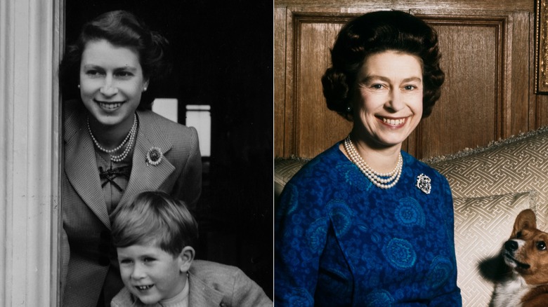 Queen Elizabeth II younger with Prince Charles and later with her corgie