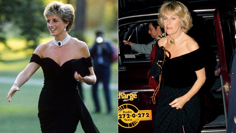 Split image of Princess Diana and Queen Camilla in similar black dresses