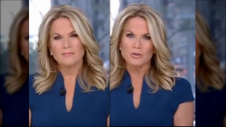 Martha MacCallum in a blue dress at a news desk with a serious look on her face.