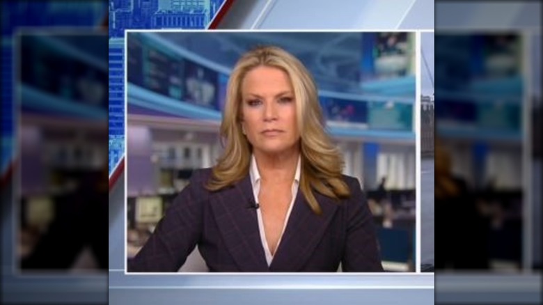 Martha MacCallum in a deep neckline top at the Fox news desk.
