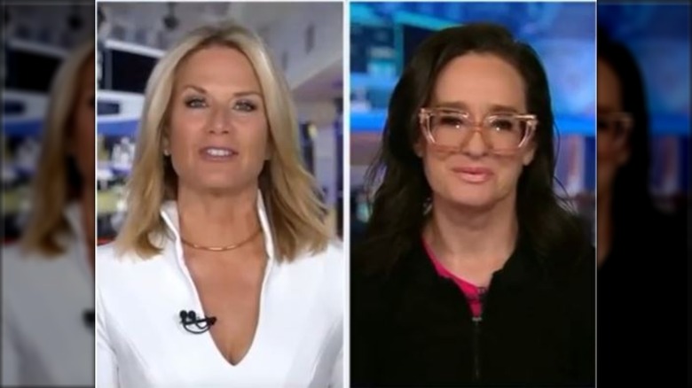 Martha Maccallum in a white top with Lisa Montgomery to her right in a black top with a pink detail.