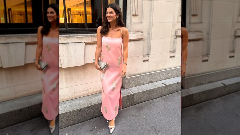 Kaitlan Collins wears a pink spaghetti strap dress while visiting London, England (2025)