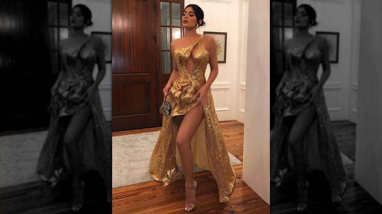 Kylie Jenner pictured in the dress she wore to Hailey Bieber's wedding
