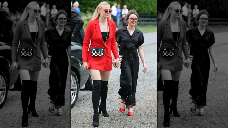 Sophie Turner and Maisie Williams arriving at Kit Harrington's wedding in 2018