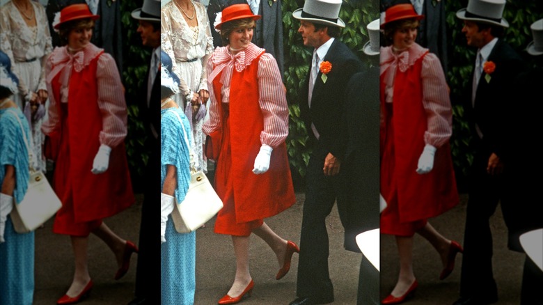 Lady Diana in red striped shirt and white gloves Royal Ascot 1981