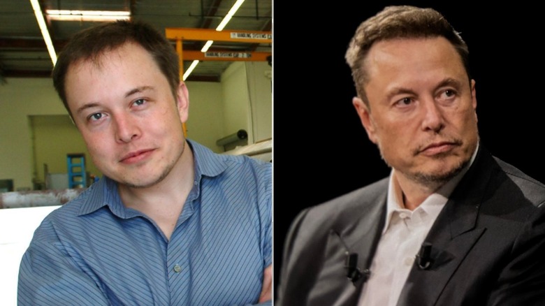 Split image of Elon Musk in 2004 and 2025