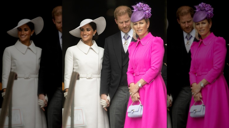 Zara Tindall frowning in front of Prince Harry and Meghan Markle during the 2022 Platinum Jubilee