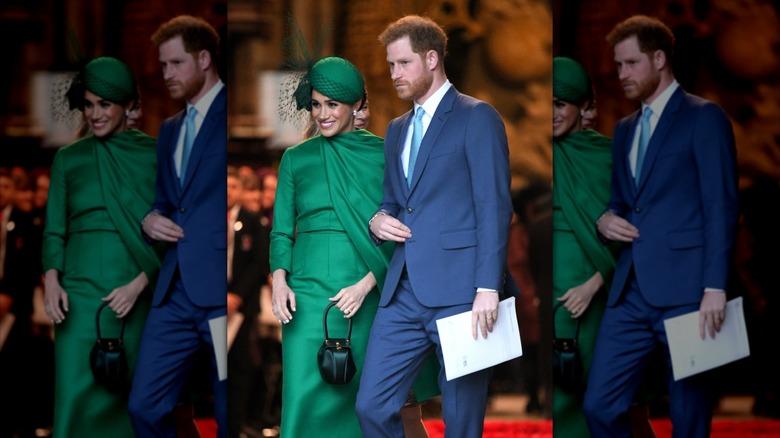 Meghan Markle smiling and Prince Harry frowning at the 2020 Commonwealth Day service