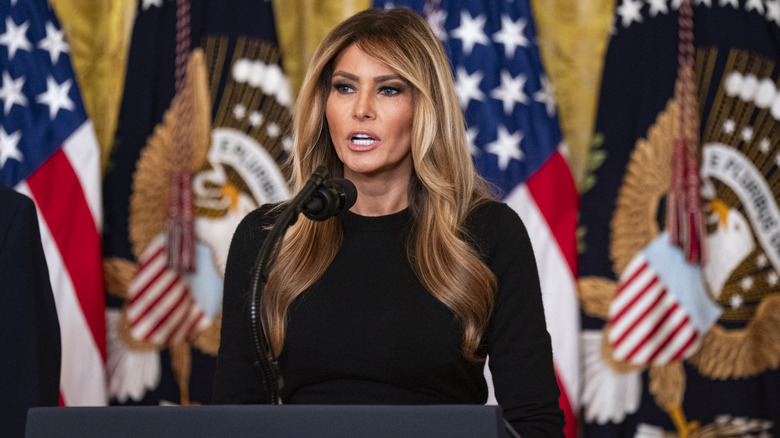 Melania Trump delivering a speech for Women's History Month and National Working Moms Day in March 2026