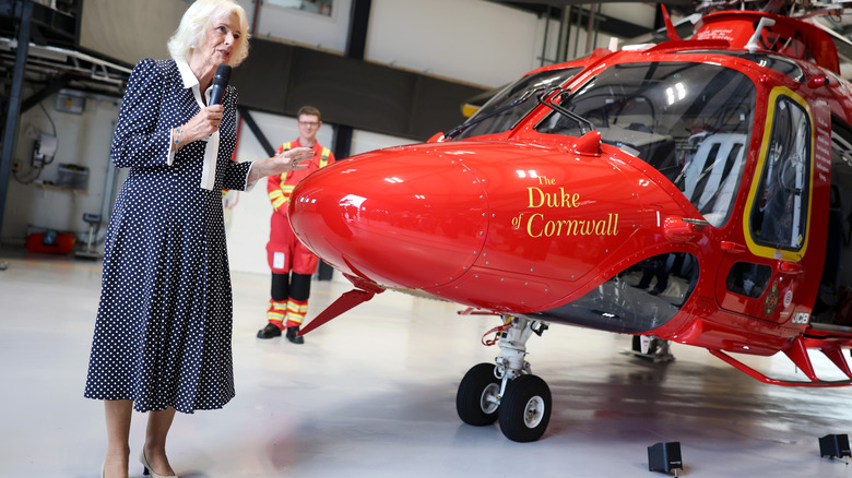 Queen Camilla giving a speech in a polka dotted dress
