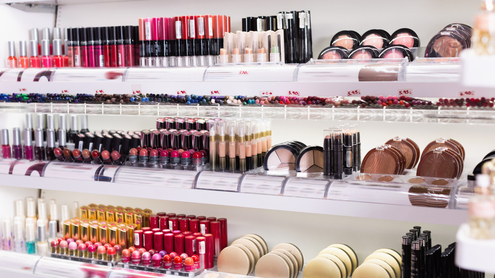 Shelf of makeup products 