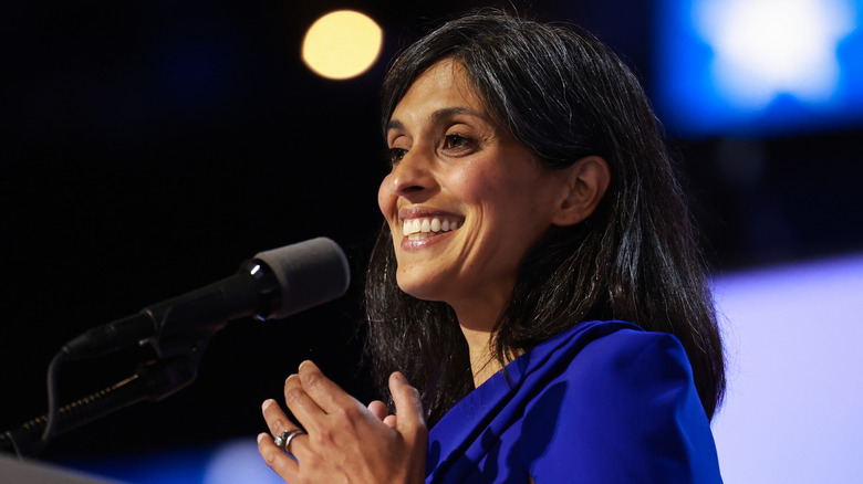 Usha Vance smiling at microphone