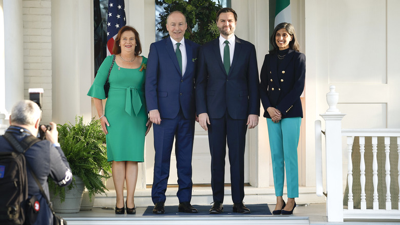 JD Vance and Usha Vance smiling with Mary O'Shea and Micheál Martin