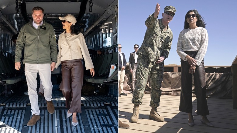 split screen of Usha Vance and JD Vance smiling and holding hands, and Usha Vance listening to a serviceman