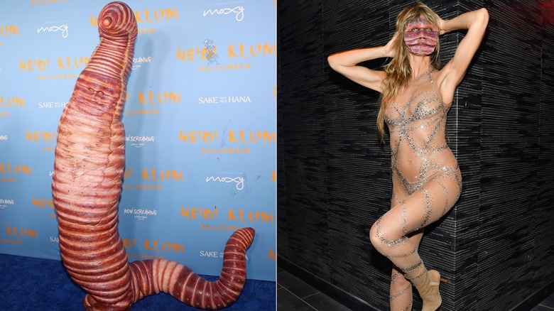 Split image of Heidi Klum wearing a worm costume and nude bodysuit