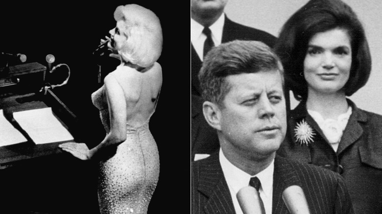 A split image of Marilyn Monroe singing "Happy Birthday," and Jackie Kennedy looking at the back of JFK's head