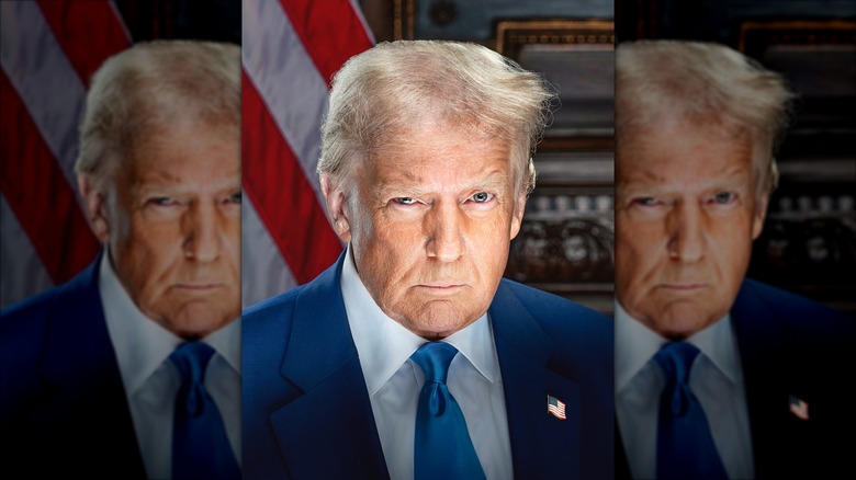Donald Trump in stark lighting in front of the American flag.