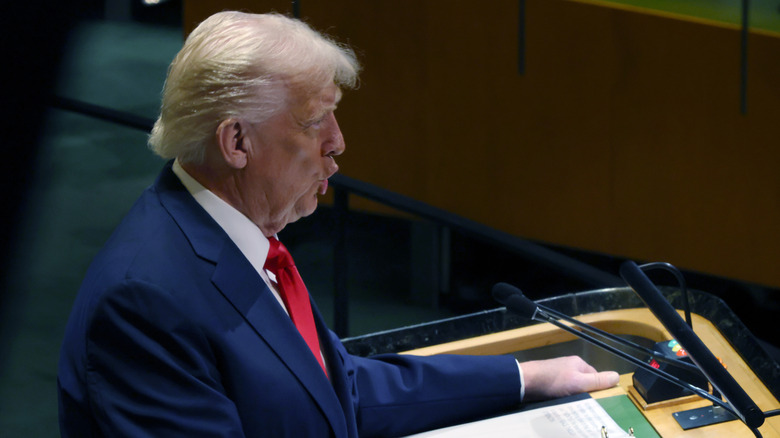 Donald Trump, photographed from his shoulder, with his mouth pursed out.