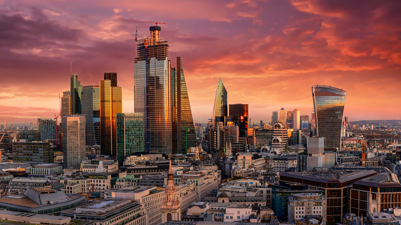 London skyscrapers and pink skies