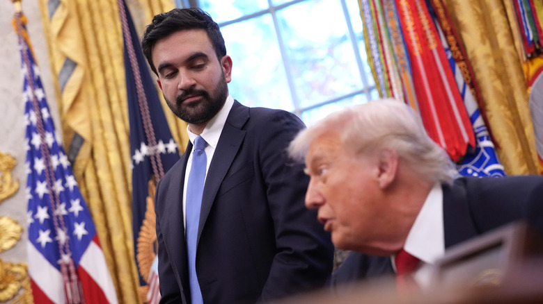 Zohran Mamdani looking down at Donald Trump in the Oval Office