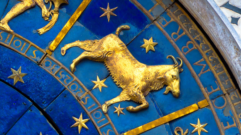 Closeup of goat on zodiac wheel