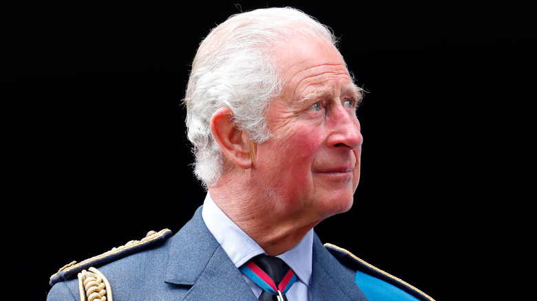 King Charles III looking at something in full regalia