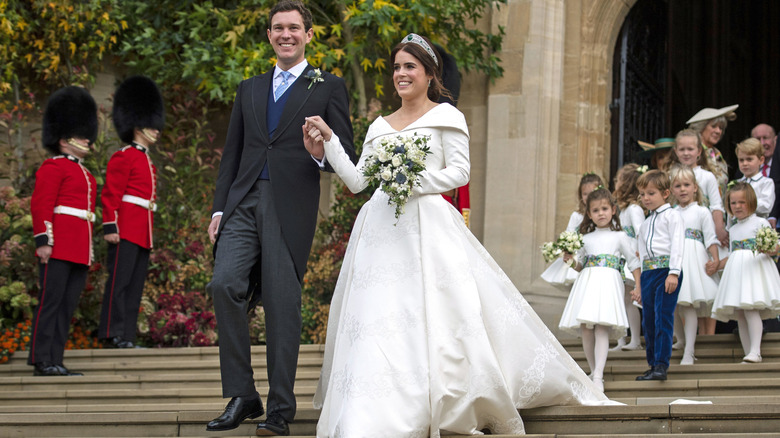 Princess Eugenie and Jack Brooksbank photographed leaving St George's Chapel after their wedding ceremony