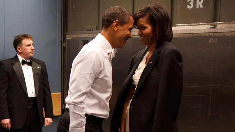 Barack Obama and first lady Michelle Obama together in a freight elevator at an Inaugural Ball,
