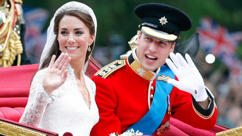 Kate Middleton and Prince William waving on their wedding day