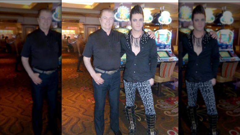 J.D. Scott dressed as Adam Lambert posing with his dad in a casino