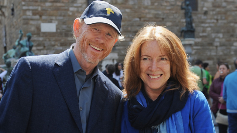 Ron Howard (L) and his wife Cheryl Howard are seen in Piazza della Signoria after Ron Howard received the Keys to the City of Florence by Mayor of Florence Dario Nardella during a ceremony at Palazzo Vecchio on May 9, 2015 in Florence, Italy.