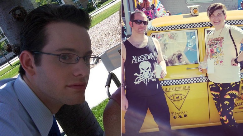 L: Joey Zimmerman shares a photo from the set of Return to Halloweentown ; R: Joey Zimmerman and wife pose in front of a Halloweentown prop