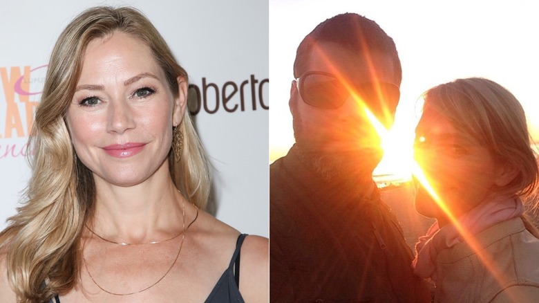 Composite image: Meredith Monroe solo and Meredith Monroe posing in the sun with her husband