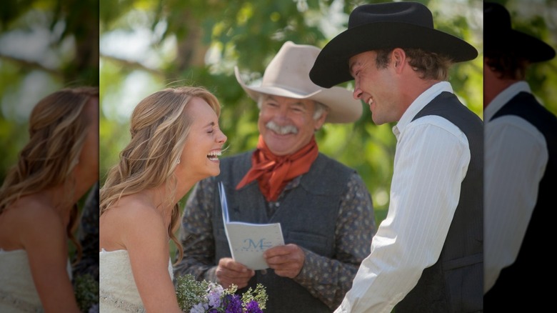 Amber Marshall and Shawn Turner laughing at their wedding
