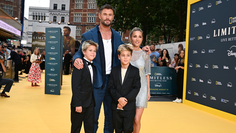 Chris Hemsworth and Elsa Pataky with Tristan Hemsworth (L) and Sasha Hemsworth attend the "Limitless: Live Better Now" UK Premiere at Odeon Luxe Leicester Square on July 17, 2025 in London, England.